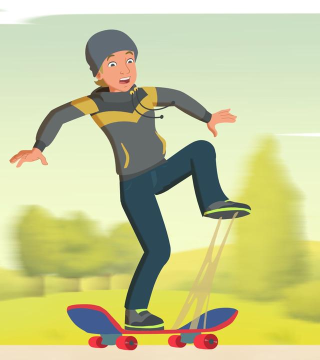 Benny klebt mit seinem Schuh am Skateboard fest.