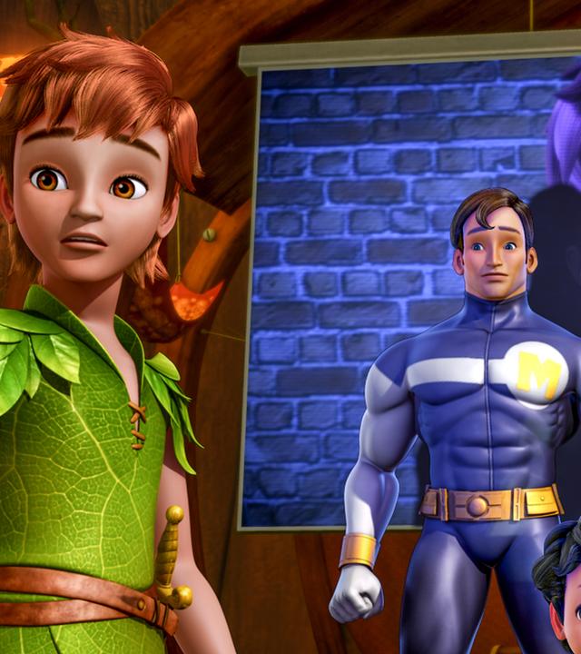 Von links nach rechts: Peter, Captain Muscles, Michael und John stehen vor der Leinwand.