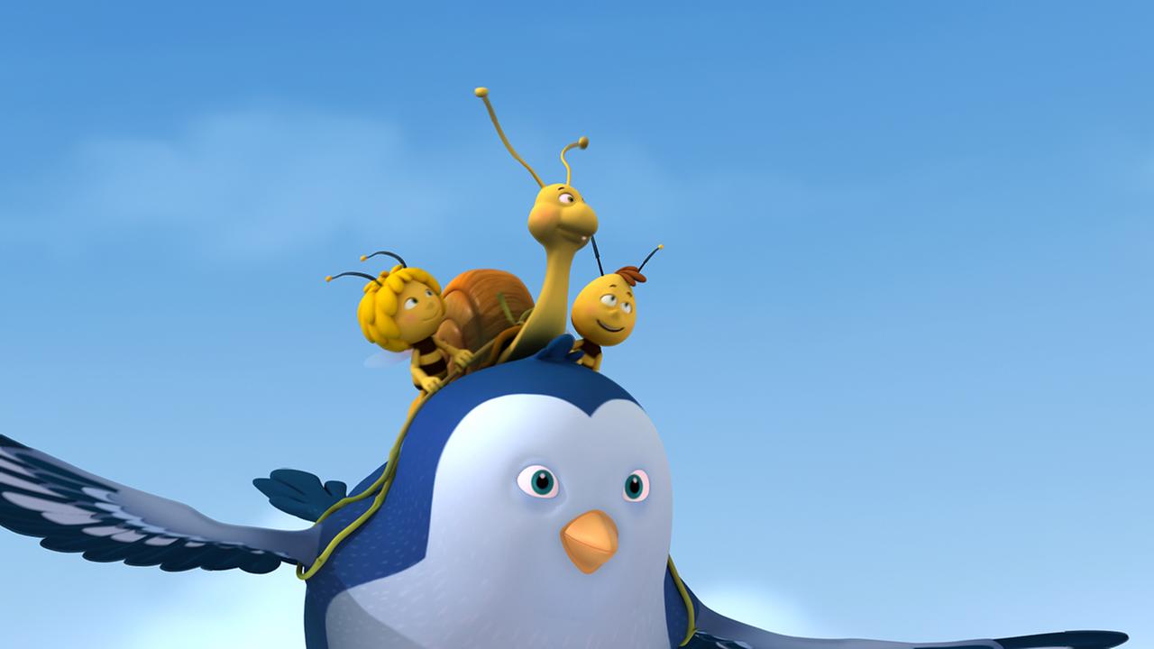 Rufus, Maja und Willi fliegen auf einem Vogel.