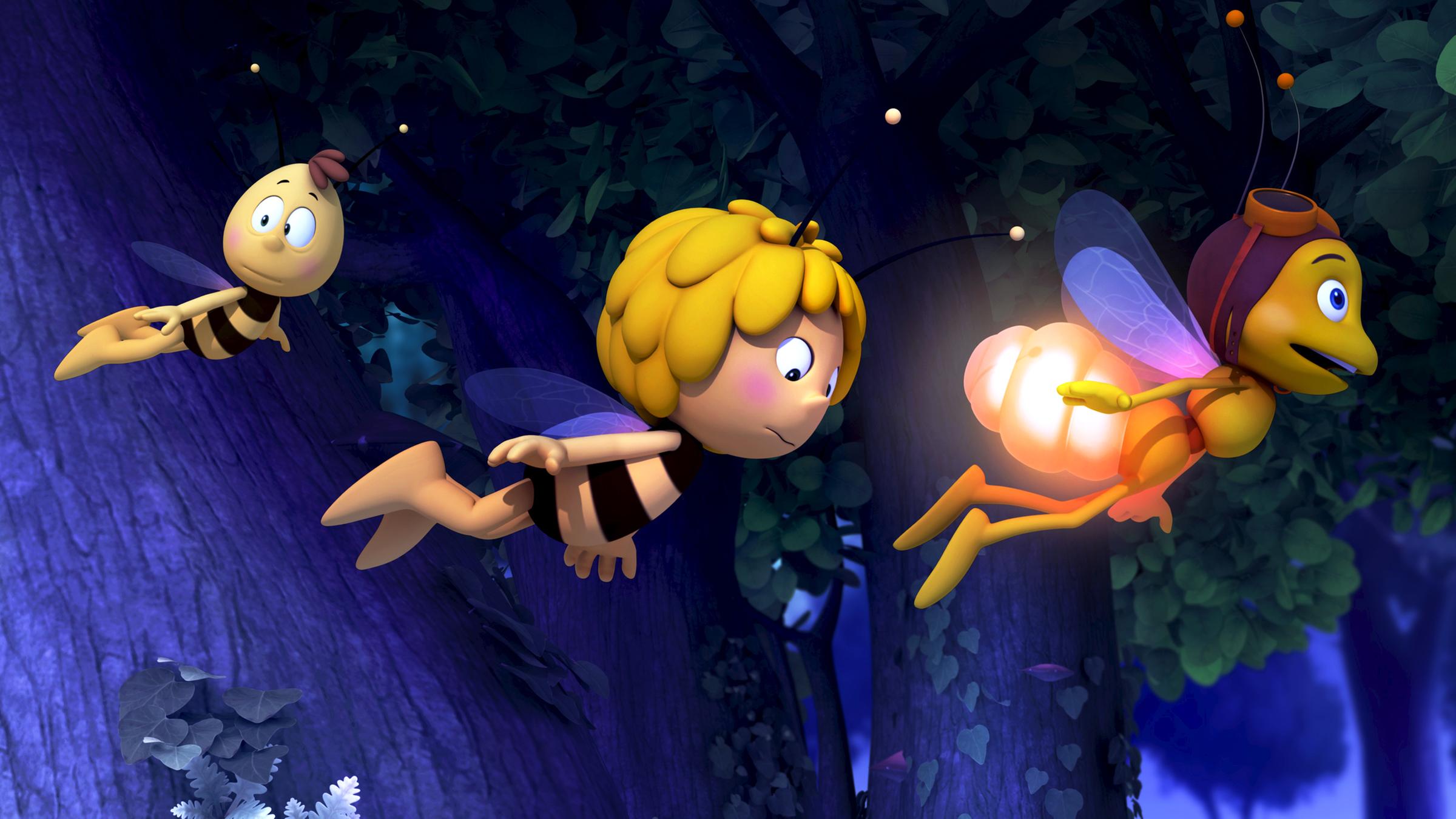 Willi und Maja folgen Glühwürmchen Glühhannes durch die Nacht.