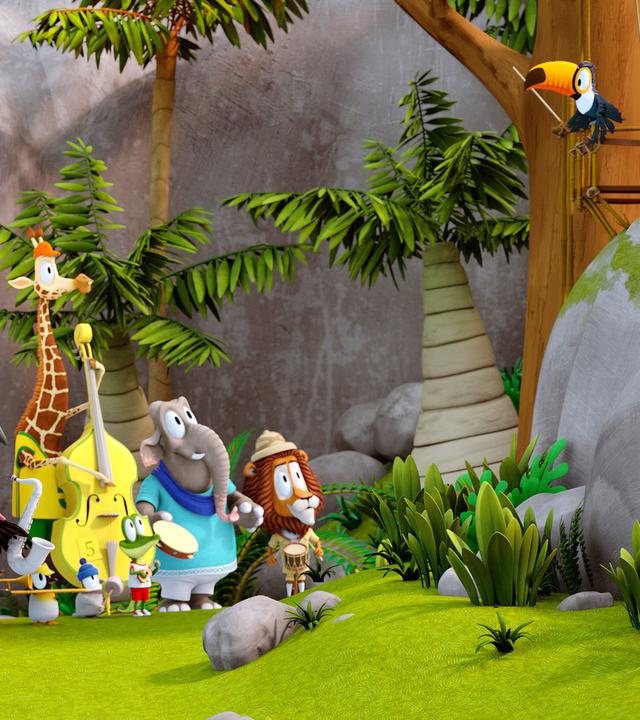 In einer tropischen Landschaft verläuft ein Schienenstrang, darauf steht eine leere Straßenbahn. Vor der Bahn steht eine Gruppe Tiere mit Musikinstrumenten. Oben im Baum sitzt Tukan Toni mit einem Dirigentenstab im Schnabel.