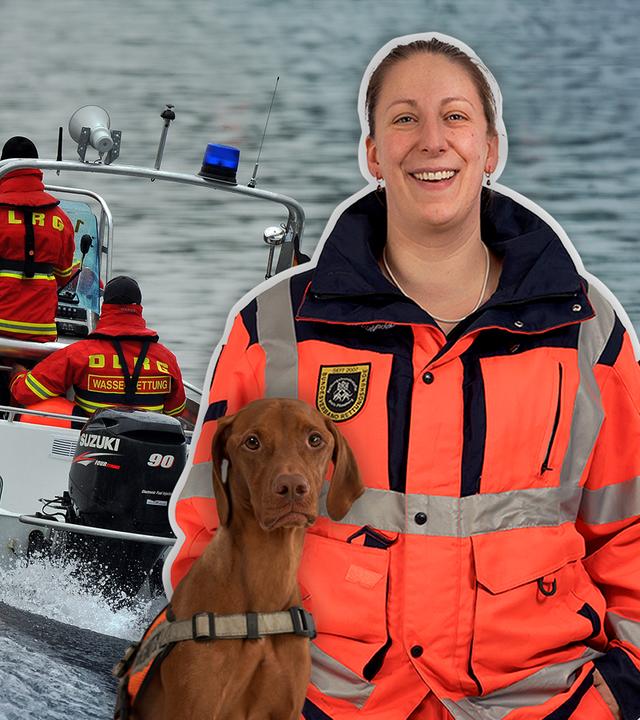Kollage: Friederike Butendeich steht lächelnd mit ihrem Hund Pelle vor einem Boot der Deutschen Lebens-Rettungs-Gesellschaft (DLRG).