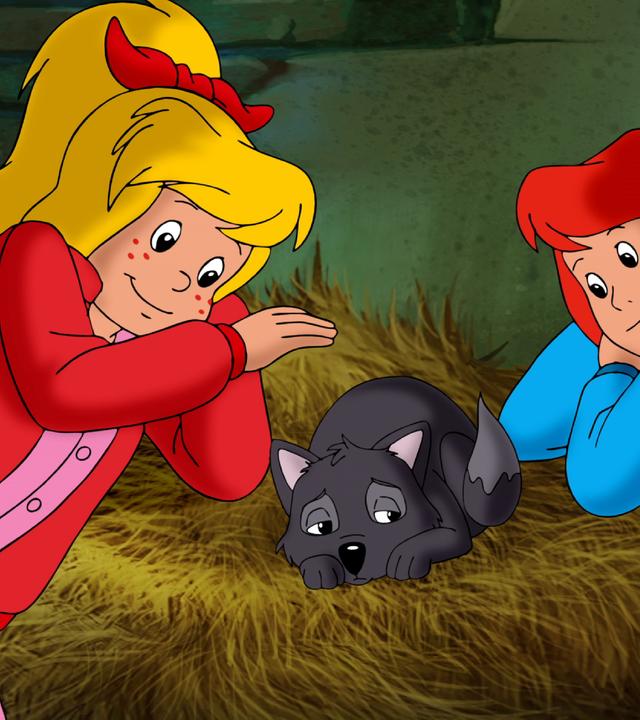 Bibi und Tina liegen auf Heu gebettet, zwischen ihnen liegt ein kleiner zusammengerollter Wolf, der sehr unglücklich aussieht.