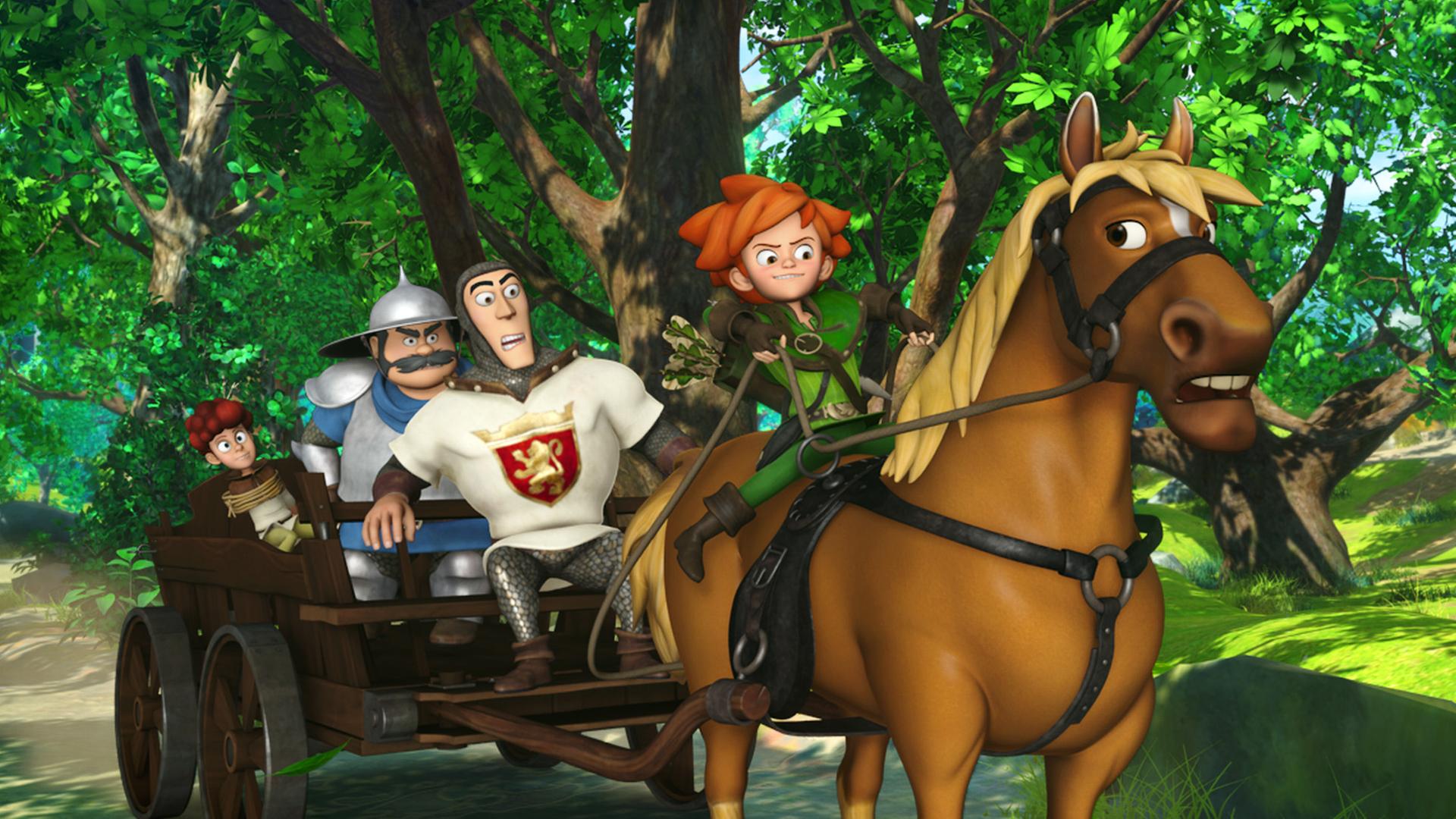 Robin sitzt auf dem Pferd, das vor einen Wagen gespannt ist. Auf dem Wagen sitzen der Sheriff und einer seiner Männer. Hinten im Wagen sitzt der gefesselte Lubin.