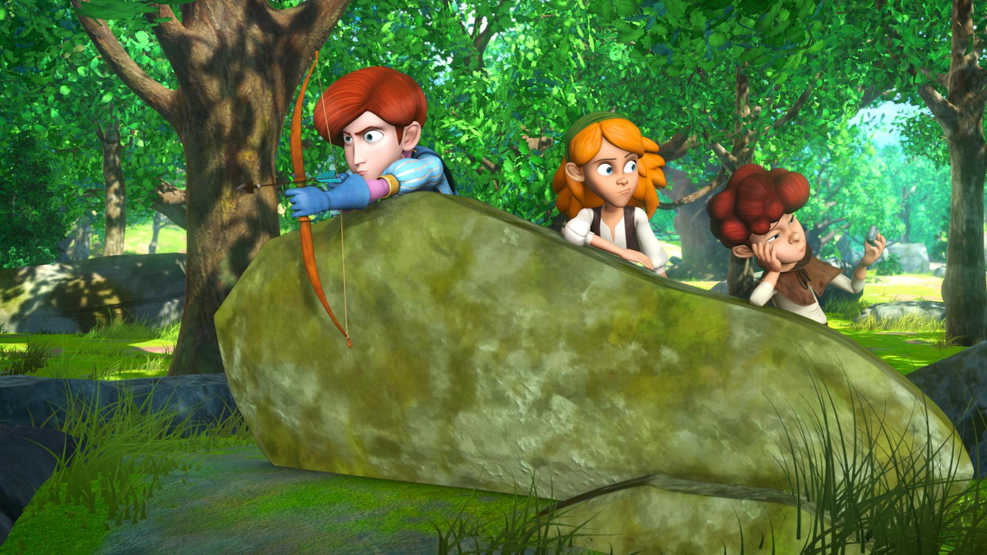 Clarence, Lubins Schwester und Lubin liegen hinter einem großen Stein auf der Lauer.