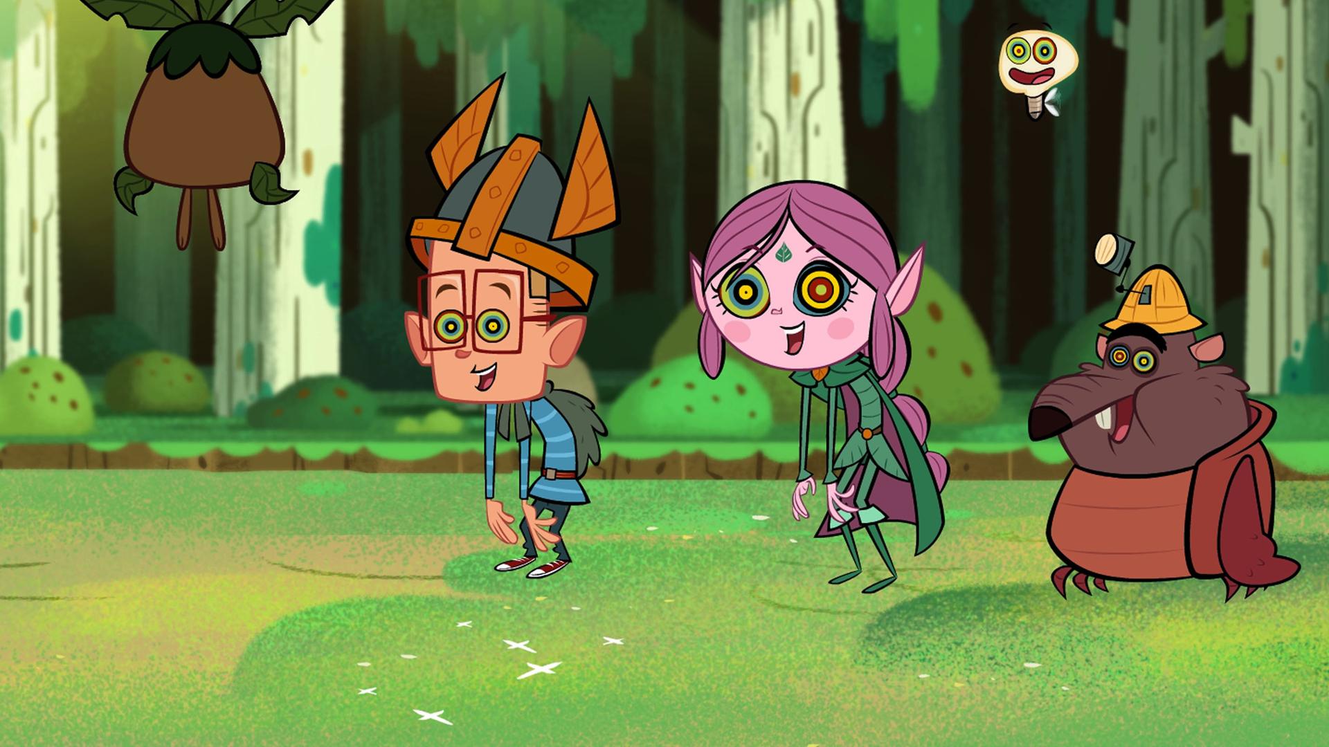 Ratrick, Ephi und Marcus werden von einer Hypnopflanze hypnotisiert. In ihren Augen sind viele bunte Kreise zu erkennen.