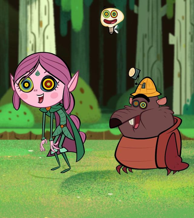 Ratrick, Ephi und Marcus werden von einer Hypnopflanze hypnotisiert. In ihren Augen sind viele bunte Kreise zu erkennen.