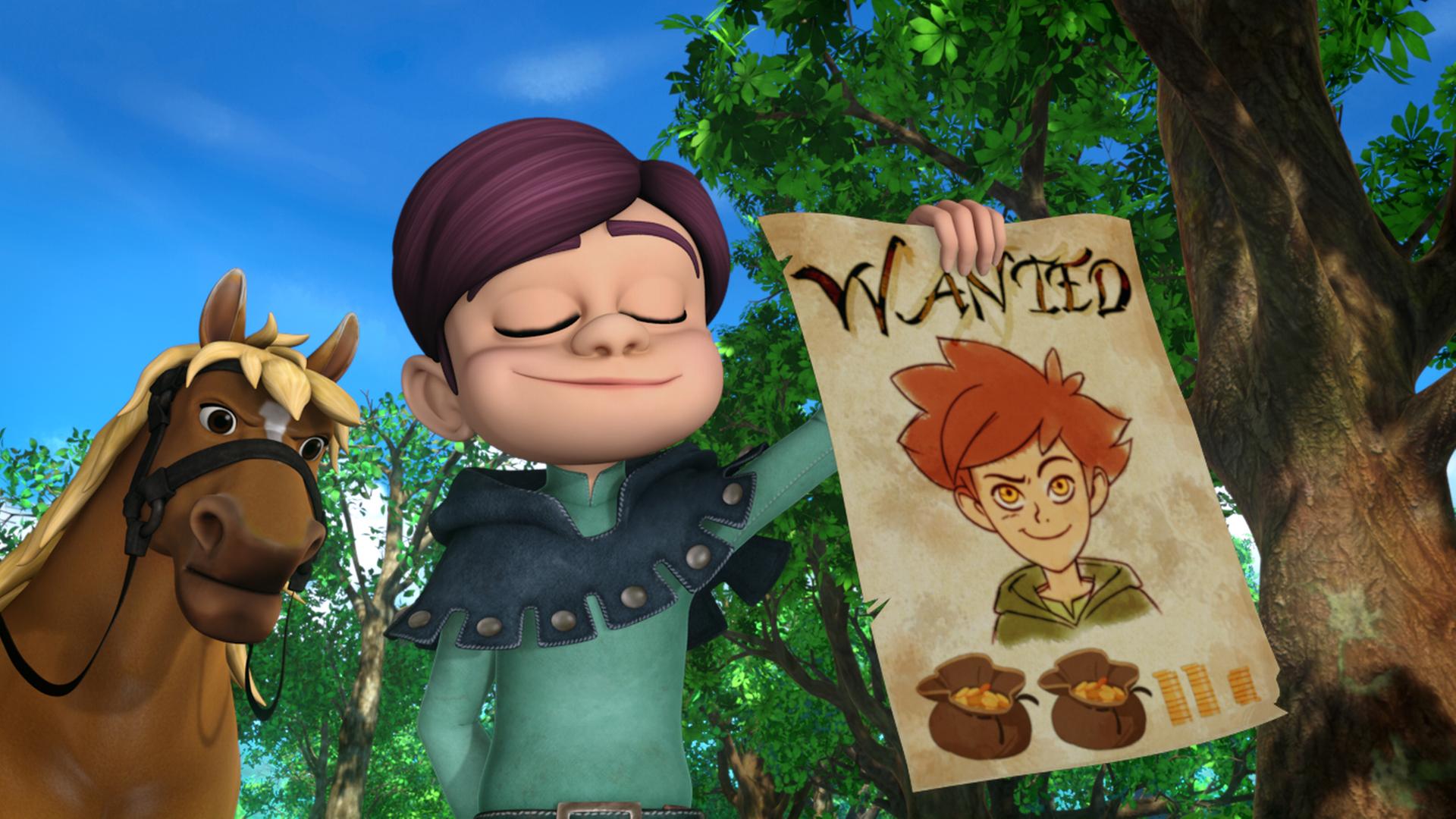 Landrin hält ein Fahndungsplakat mit Robins Bild hoch. Auf diesem sind Robin, sowie zwei Geldbeutel und viele Münzen zu sehen. Er will das Kopfgeld für Robin Hood einkassieren.