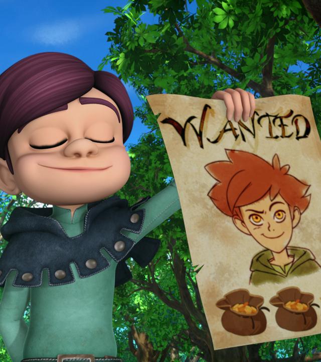 Landrin hält ein Fahndungsplakat mit Robins Bild hoch. Auf diesem sind Robin, sowie zwei Geldbeutel und viele Münzen zu sehen. Er will das Kopfgeld für Robin Hood einkassieren.
