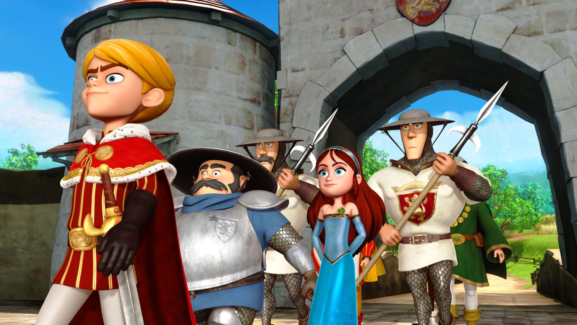 Prinz John geht durch das Stadttor von Nottingham, dahinter der Sheriff, Marian und zwei Wachen.