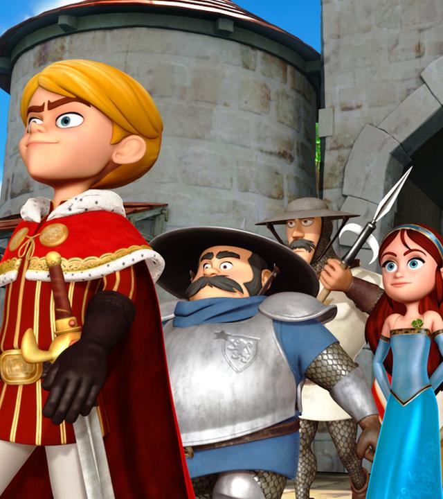 Prinz John geht durch das Stadttor von Nottingham, dahinter der Sheriff, Marian und zwei Wachen.