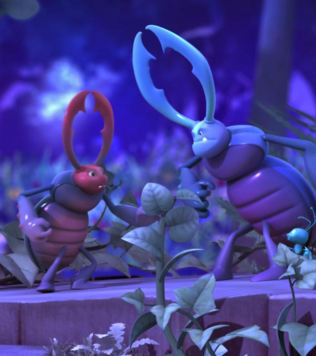 Zwei Käfer kämpfen in der Nacht gegeneinander.