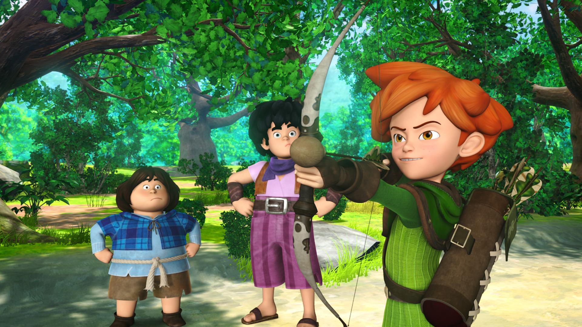 Tuck und Little John sind an Robin Hoods Seite. Dieser will gerade einen Pfeil abschießen.