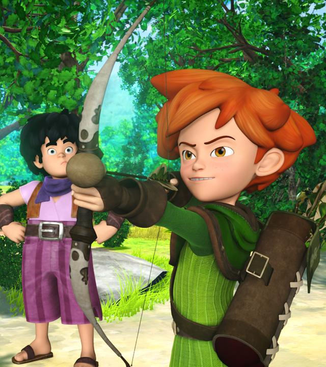 Tuck und Little John sind an Robin Hoods Seite. Dieser will gerade einen Pfeil abschießen.