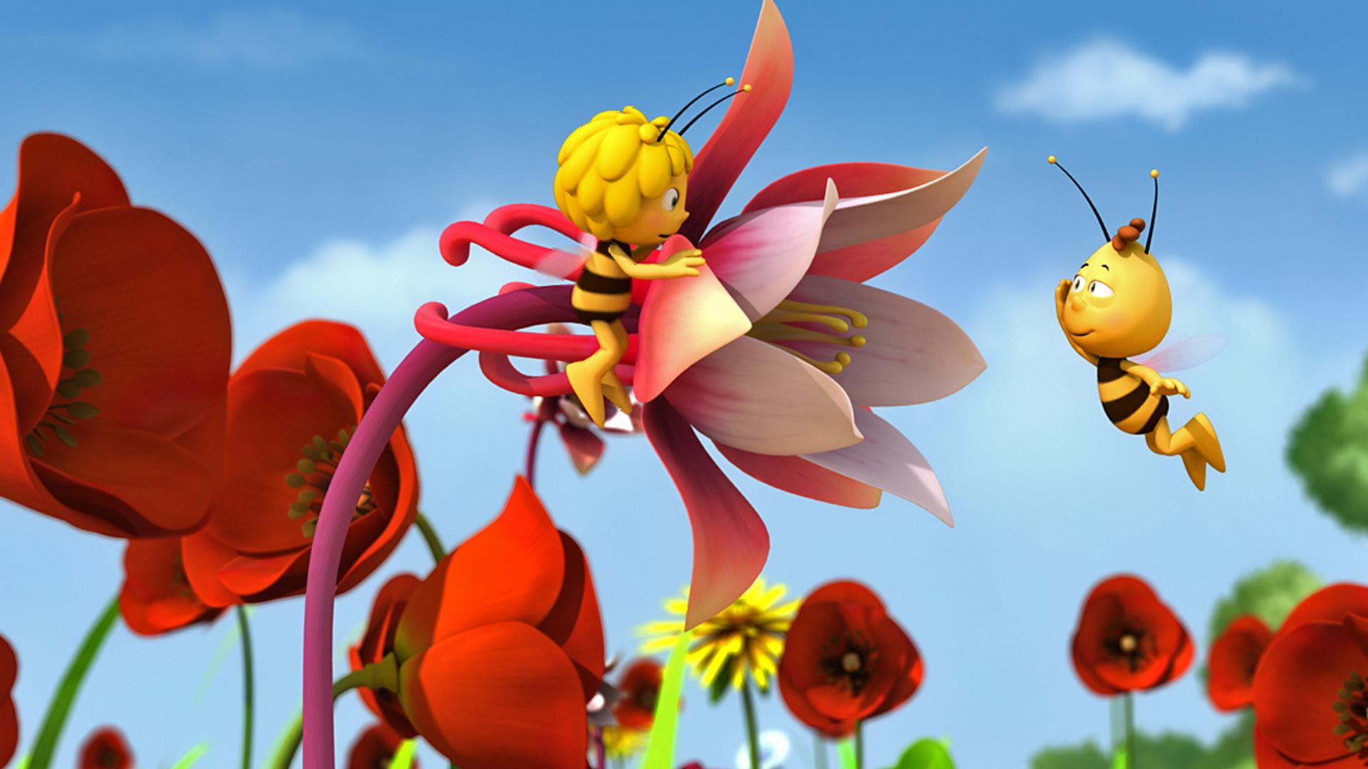 Maja und Willi fliegen in einem roten Blumenfeld.