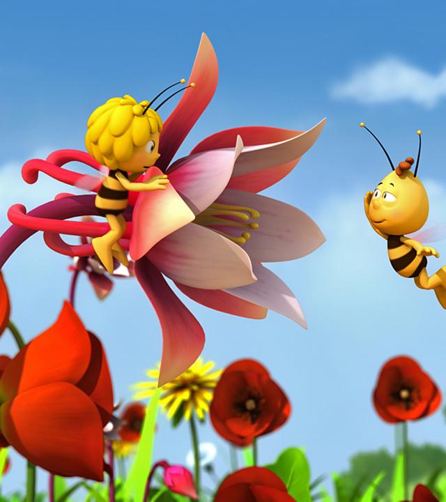 Maja und Willi fliegen in einem roten Blumenfeld.