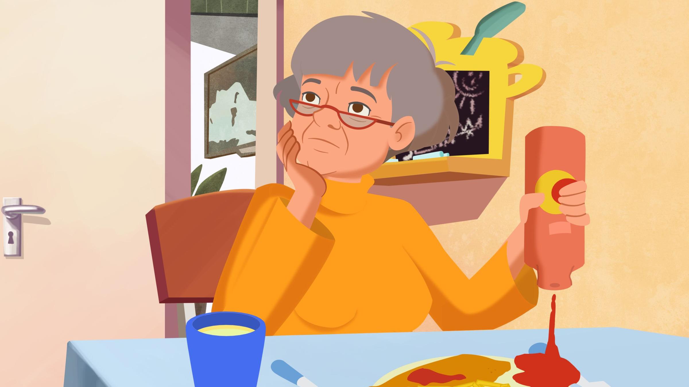 Oma Friedrichstadt sitzt am Esstisch und schaut gedankenverloren in die Luft, während sie sich ganz viel Ketchup auf ihrem Teller kippt.