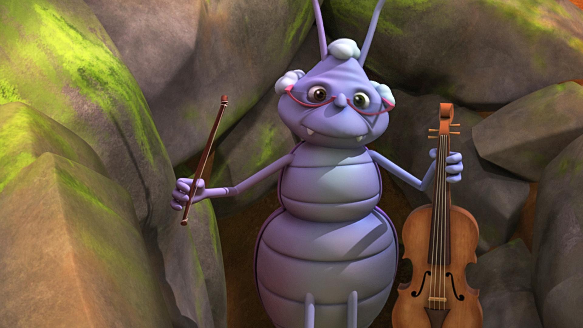 Käfer Stridularius hält eine Geige und einen Geigenbogen in den Händen.