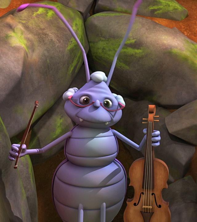 Käfer Stridularius hält eine Geige und einen Geigenbogen in den Händen.