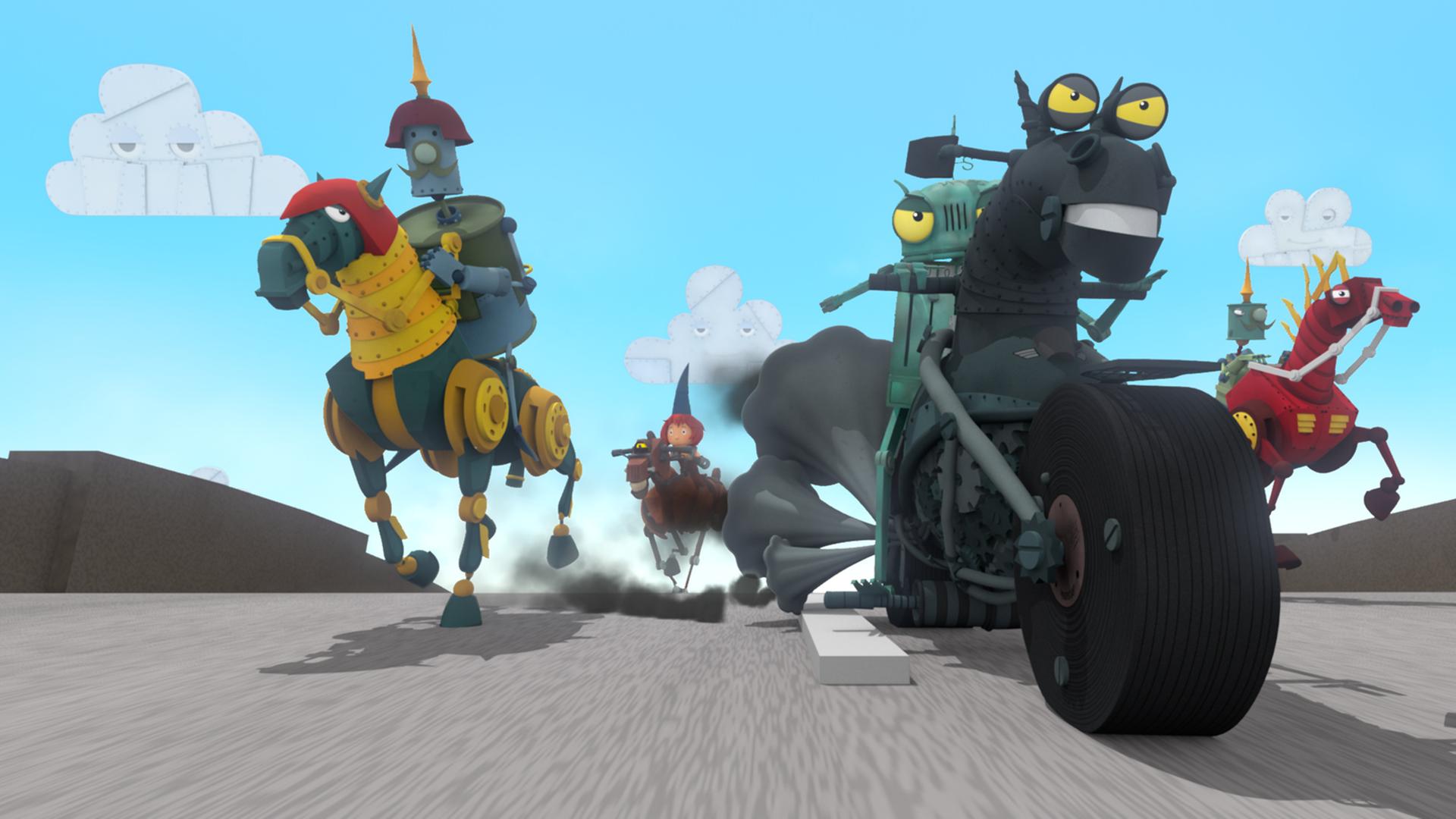 Die Rennteilnehmer rasen auf ihren Metallfeuerstühlen über die Straße. Rösti und Feuerstuhl führen das Feld an.