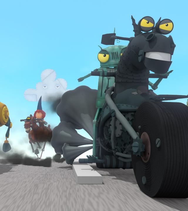 Die Rennteilnehmer rasen auf ihren Metallfeuerstühlen über die Straße. Rösti und Feuerstuhl führen das Feld an.