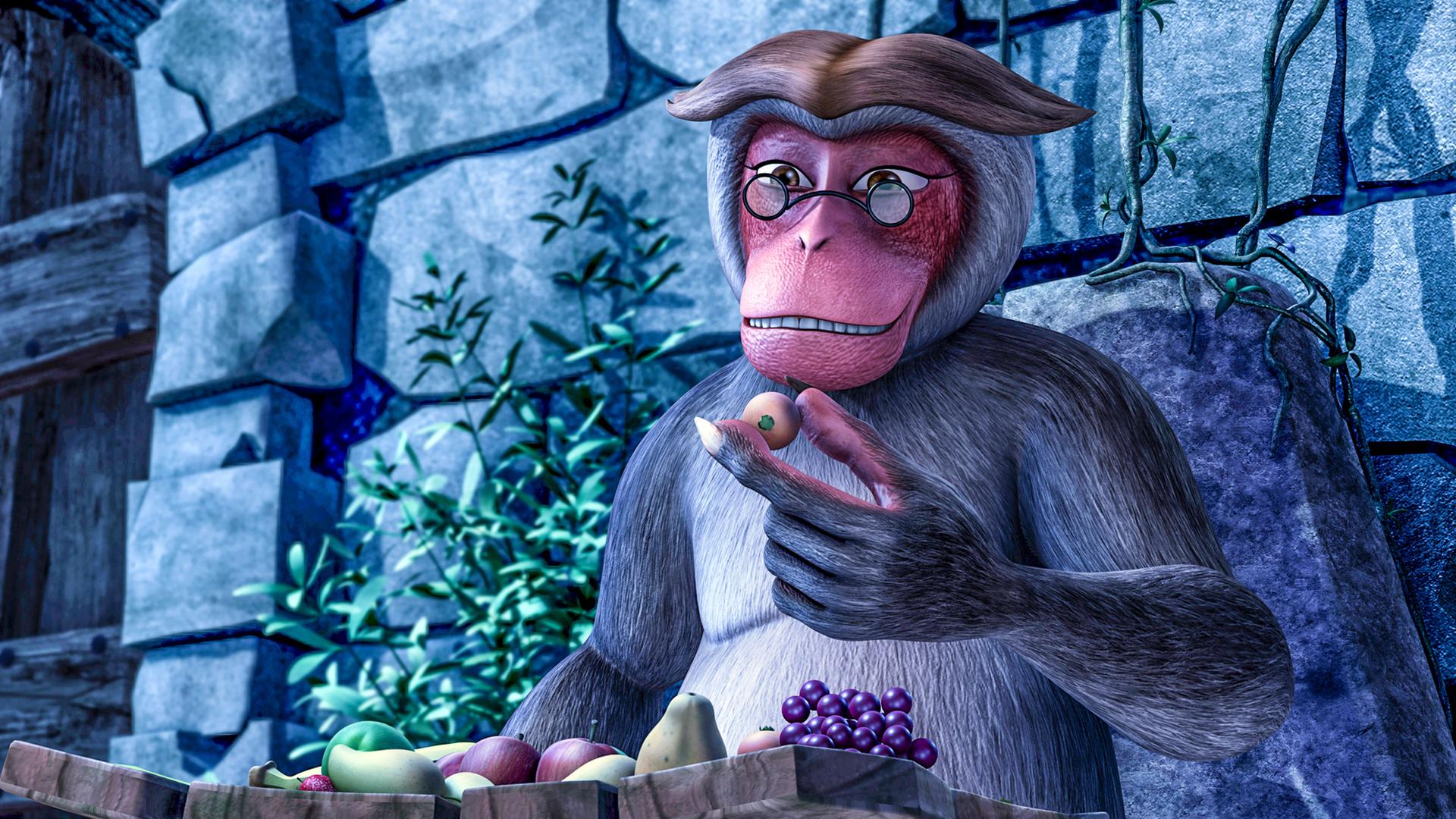 Masha hat die Augengläser von Balu gestohlen und inspiziert mit dieser das Obst.