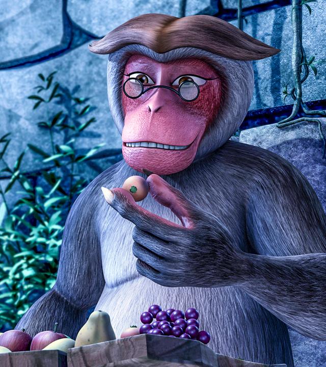 Masha hat die Augengläser von Balu gestohlen und inspiziert mit dieser das Obst.