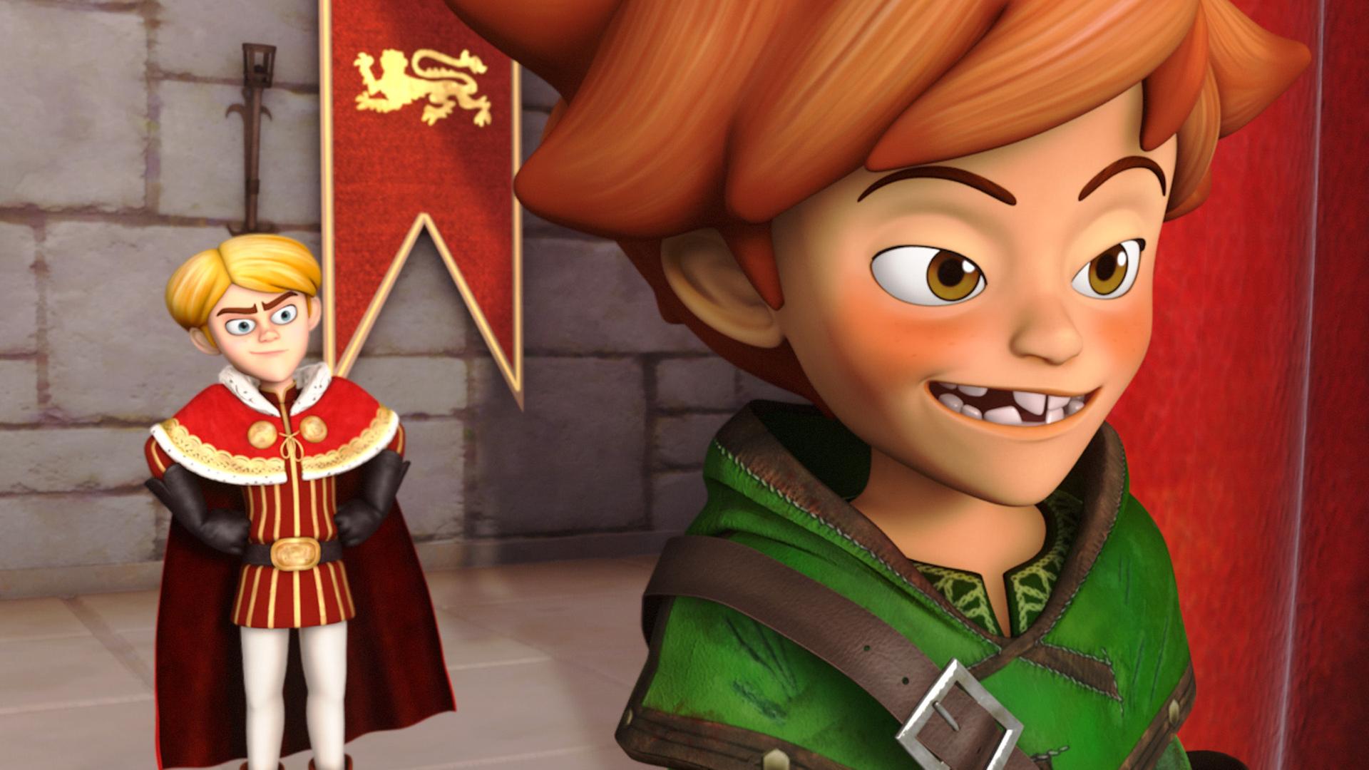 Prinz John steht links im Bild und hat beide Hände in die Arme gestemmt. Er schaut auf Robin Hood, der vor ihm steht. Allerdings ist dieser Robin ein, vom Prinz eingesetzter, Doppelgänger.