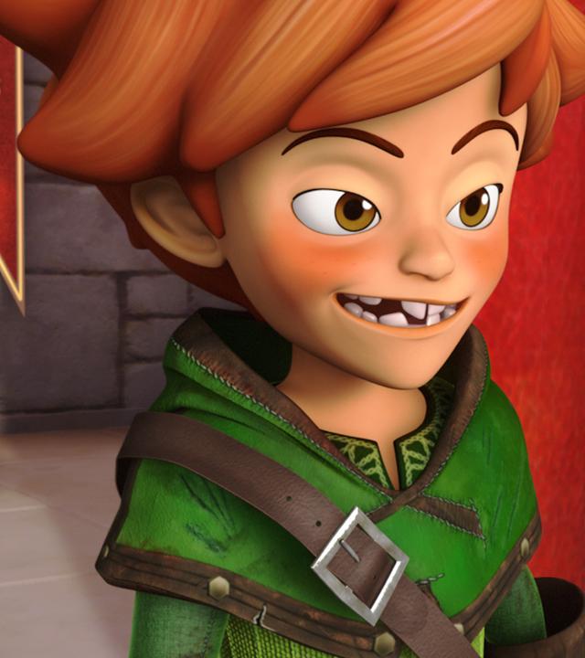 Prinz John steht links im Bild und hat beide Hände in die Arme gestemmt. Er schaut auf Robin Hood, der vor ihm steht. Allerdings ist dieser Robin ein, vom Prinz eingesetzter, Doppelgänger.