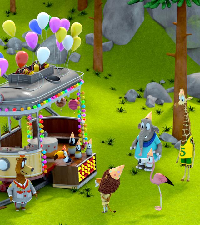 Durch einen Wald führt ein Schienestrang. Darauf steht eine Straßenbahn. Sie ist mit bunten Lichterketten und Luftballons geschmückt. Davor stehen einige Tiere mit lustigen Papierhütchen.
