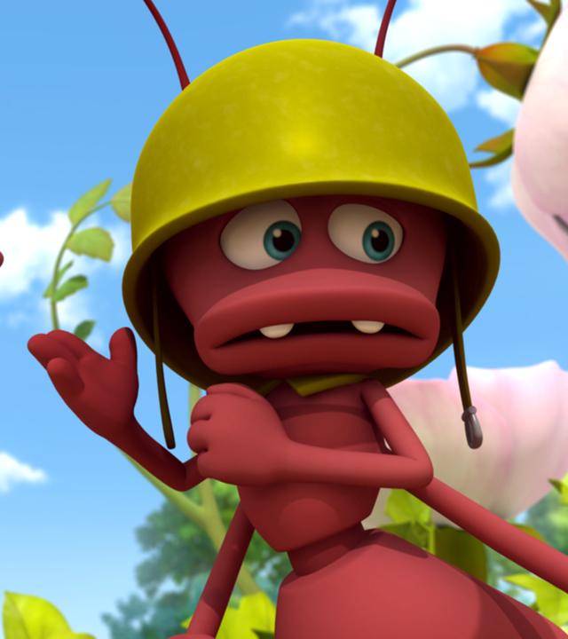 Zwei rote Ameisensoldaten mit grünem Helm fuchteln mit ihren Händen.