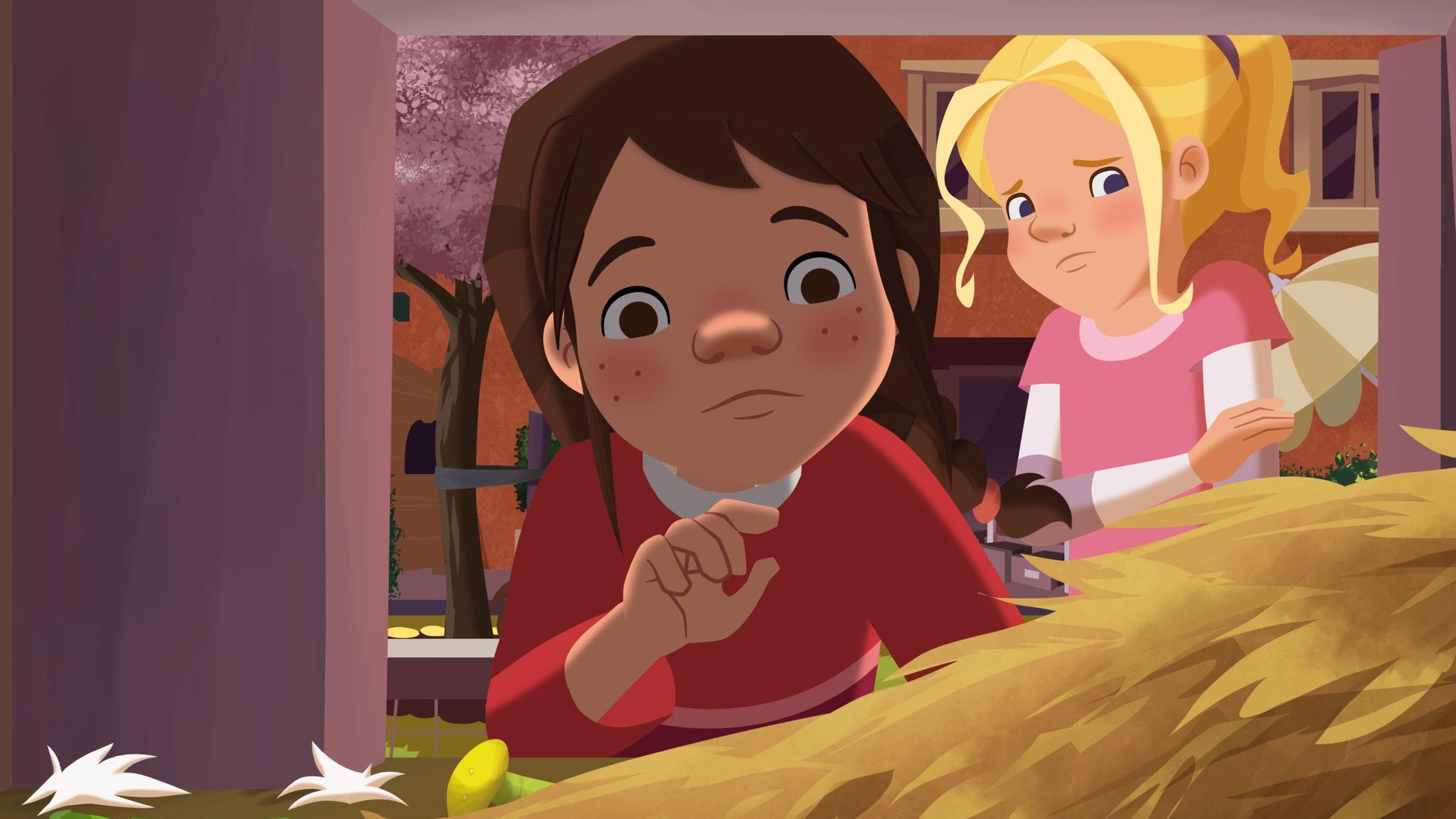 Tara und Tieneke schauen besorgt in den Kaninchenstall.