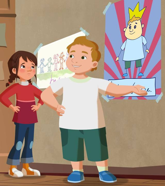 Niklas wirbt mit einem Wahlposter von sich selbst um die Position des Klassensprechers. Tara steht genervt neben ihm. 