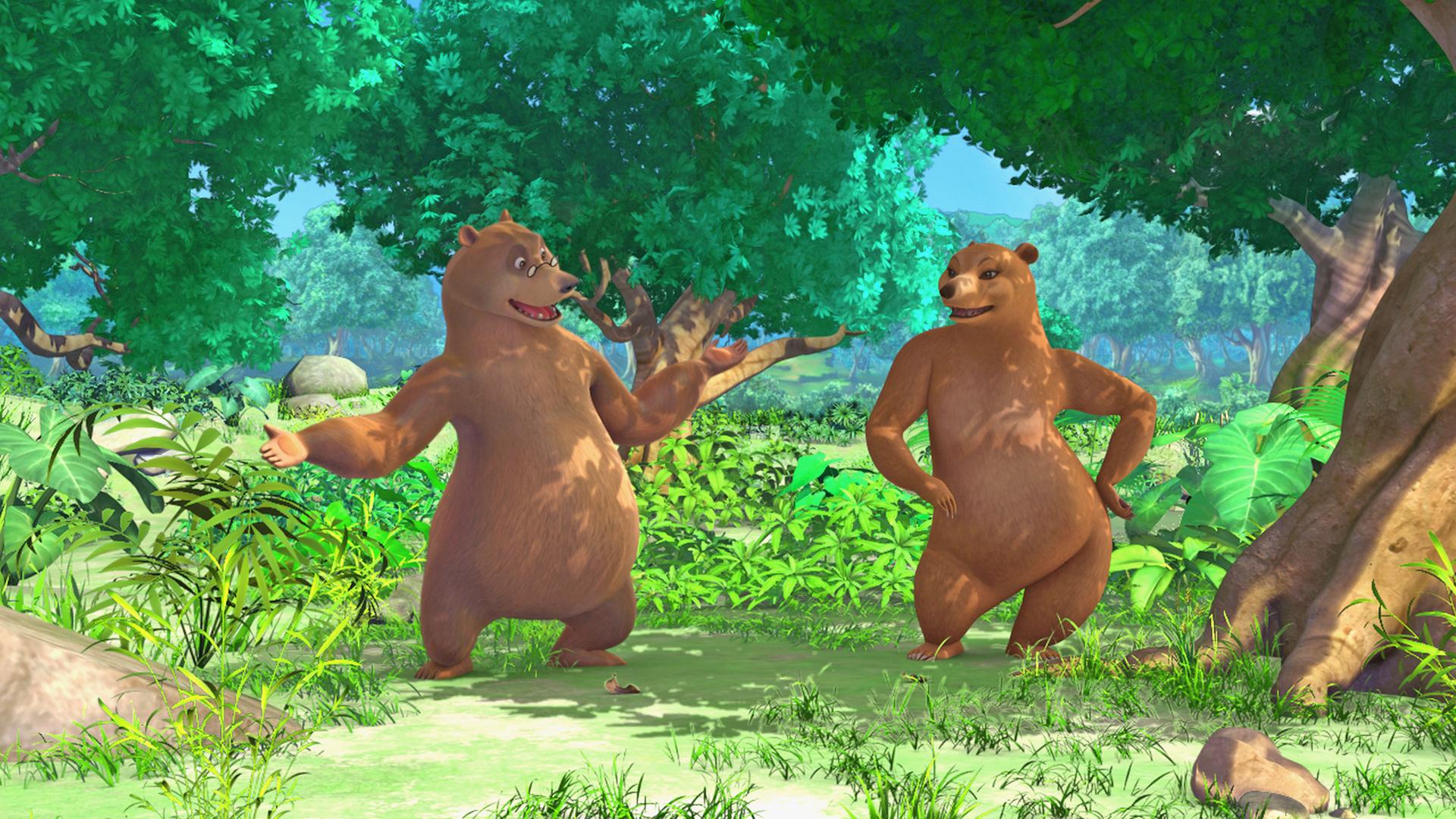 Balu trifft auf eine Bären-Dame und lädt zum Tanz ein.