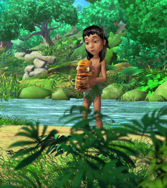 Mogli findet ein Tigerjunges am Fluss.