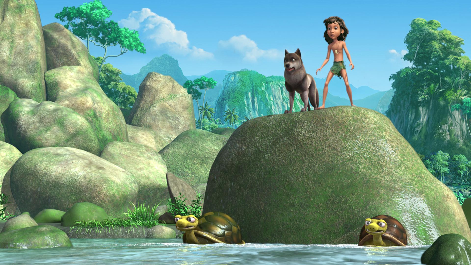 Die Schildkröten Uuh und Buh schwimmen im Wasser. Mogli und sein Wolfsbruder stehen oben auf einem Felsen.