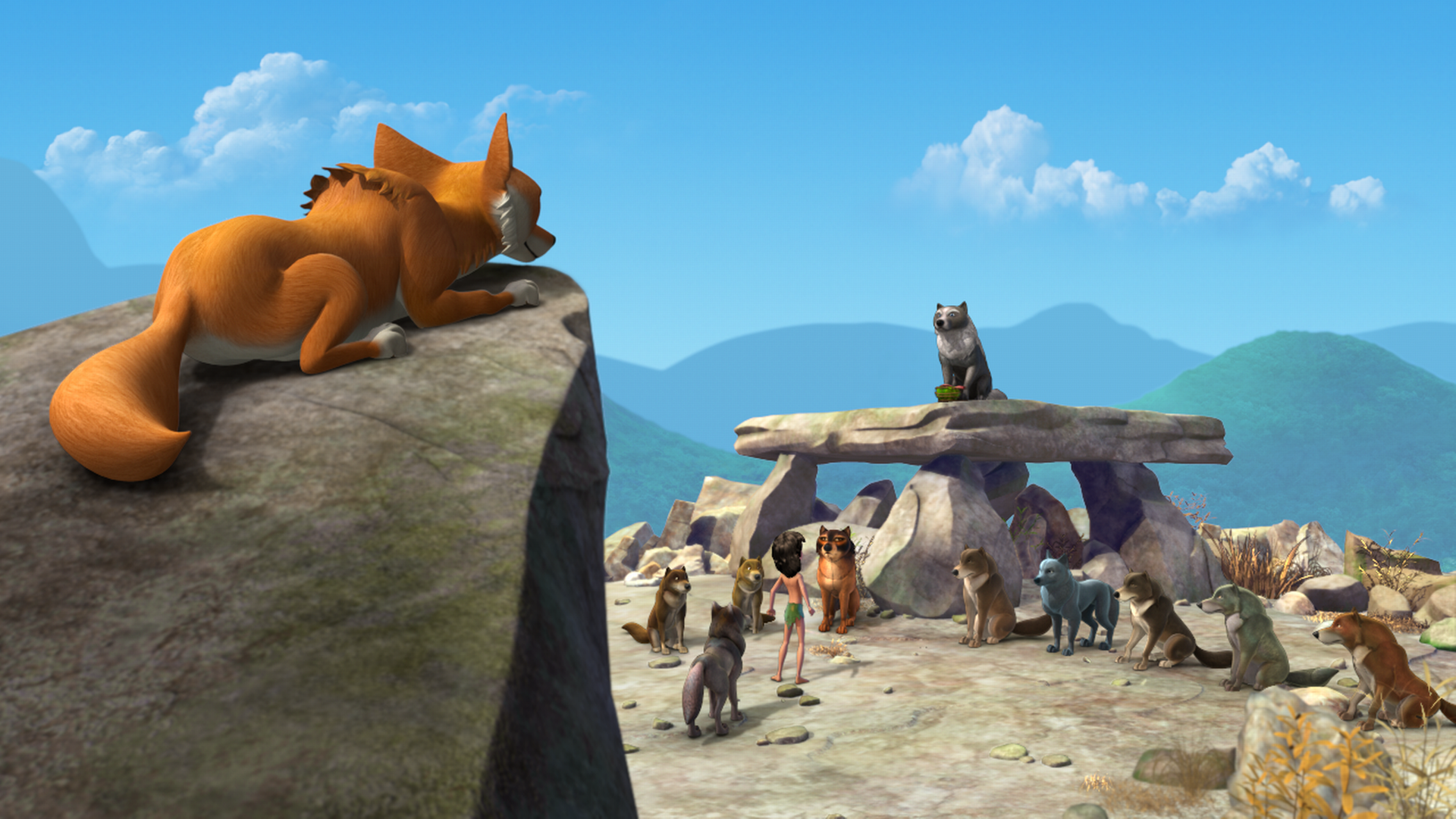 Tabaqui beobachtet Mogli, Akela und das Rudel auf dem Ratsfelsen