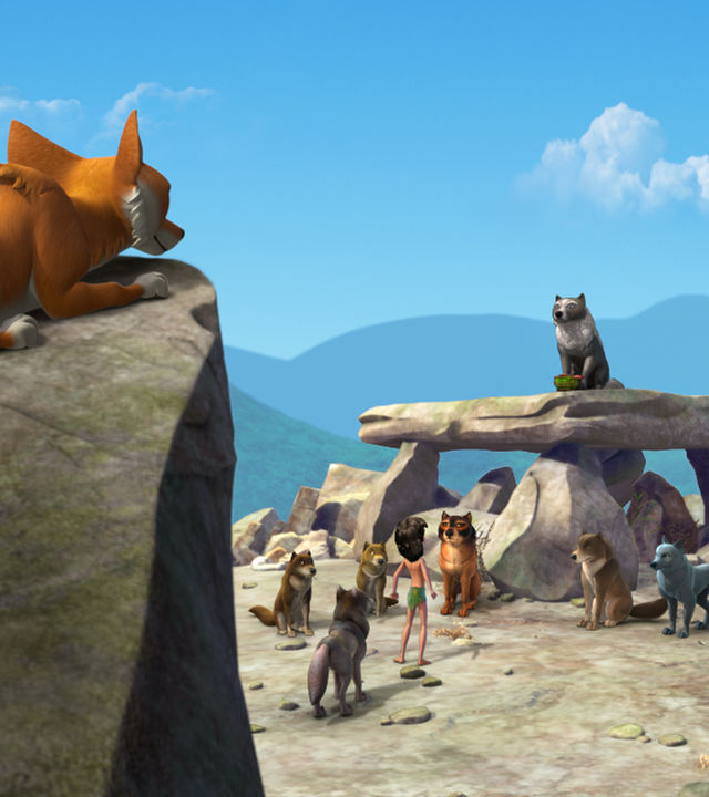 Tabaqui beobachtet Mogli, Akela und das Rudel auf dem Ratsfelsen