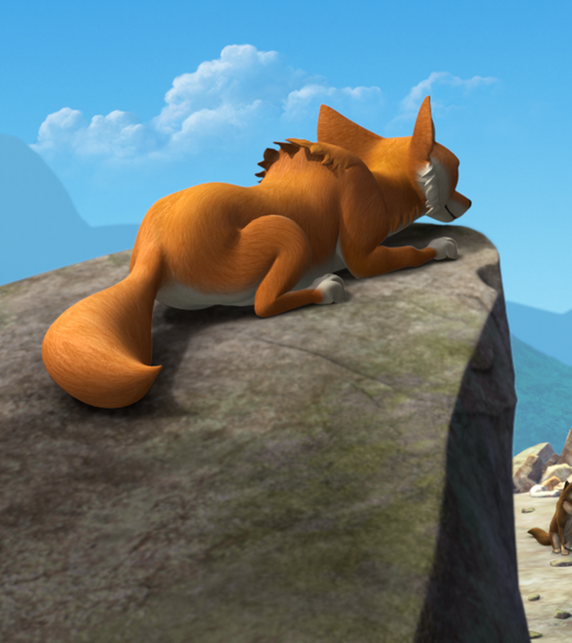 Tabaqui beobachtet Mogli, Akela und das Rudel auf dem Ratsfelsen