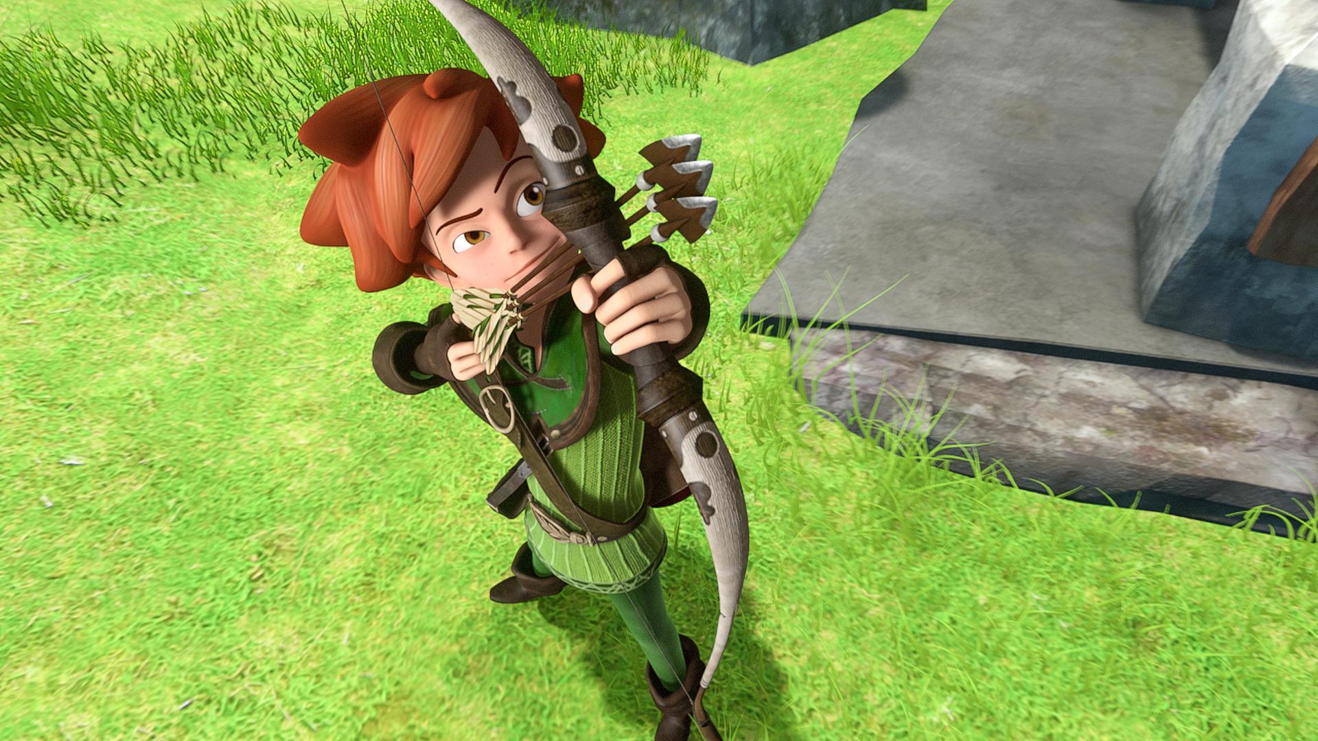 Robin Hood hat den Bogen gespannt und zielt nach oben. Er schießt mit drei Pfeilen gleichzeitig.