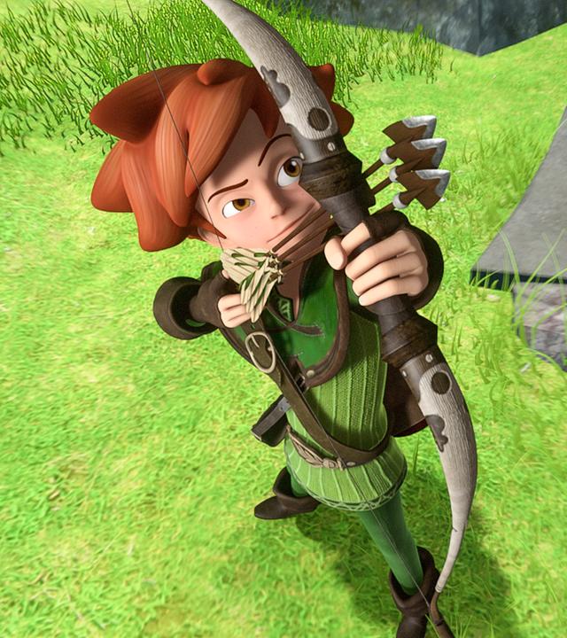 Robin Hood hat den Bogen gespannt und zielt nach oben. Er schießt mit drei Pfeilen gleichzeitig.