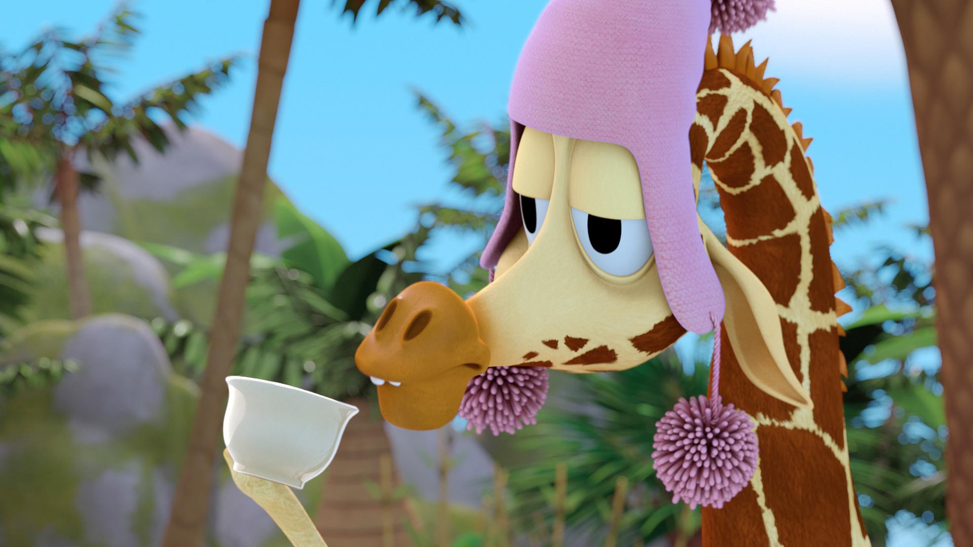 Hals und Kopf einer Giraffe. Sie trägt eine Mütze und hält eine Tasse in der Hand.