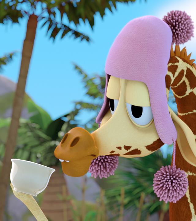 Hals und Kopf einer Giraffe. Sie trägt eine Mütze und hält eine Tasse in der Hand.