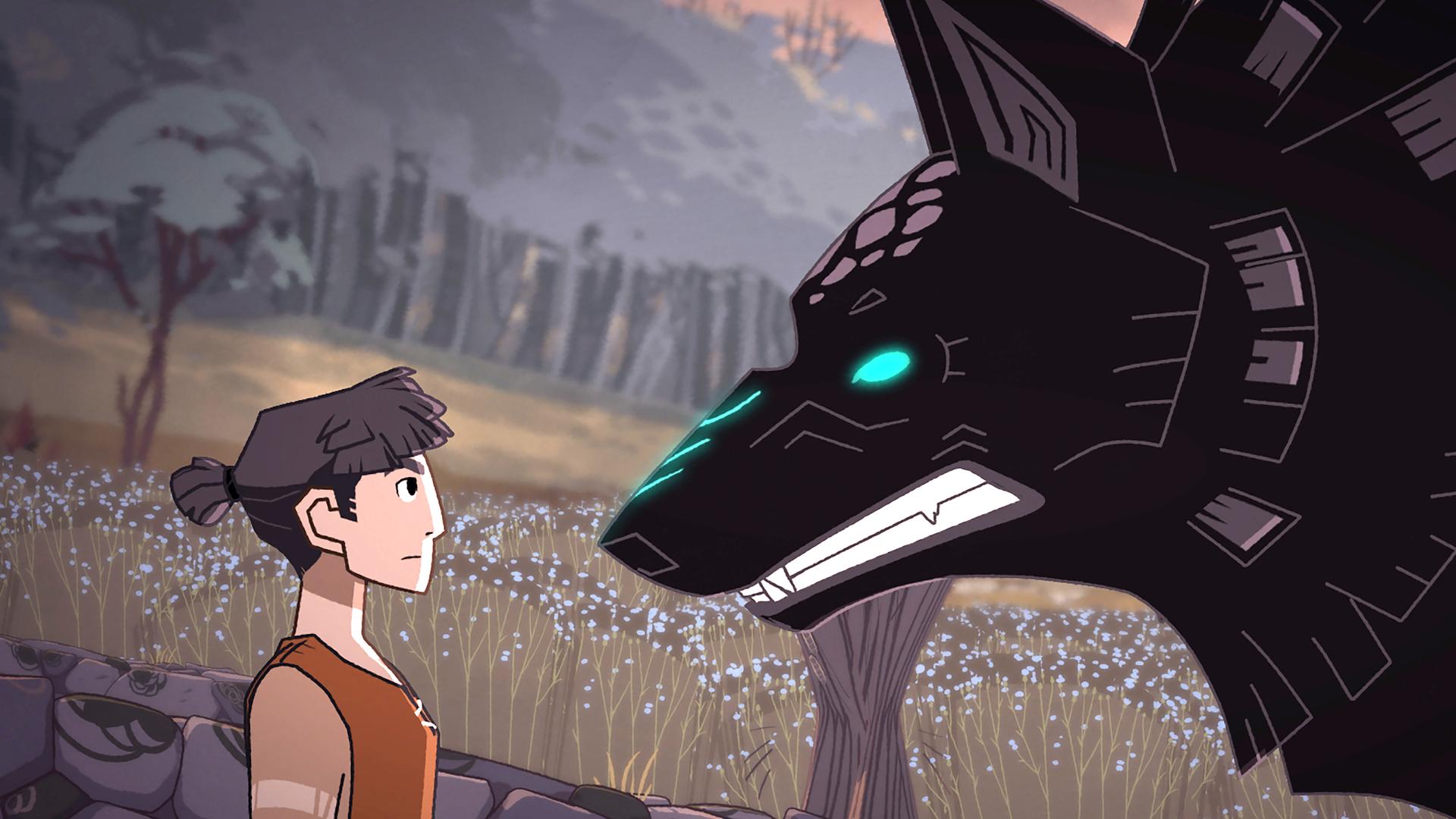 Am Feldrand steht Hugo einem sehr großen Wolf gegenüber. Der Wolf zeigt seine gefährlichen Zähne. Er hat eine türkisblaue Zeichnung auf der Nase. Hugo schaut unbeeindruckt dem Wolf in die türkisblauen Augen.