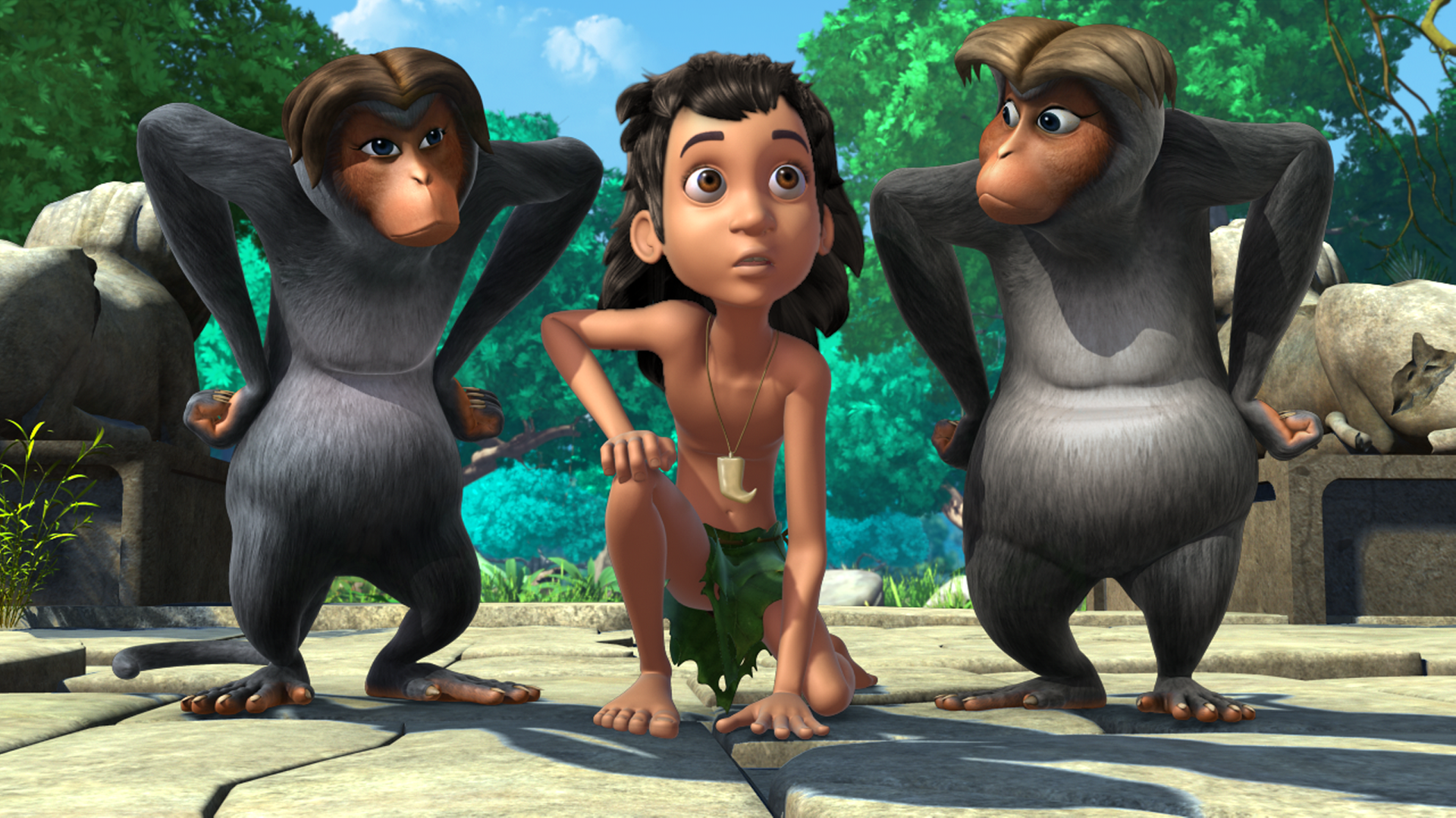 Mera und Mona nehmen Mogli fest und schauen ihn grimmig an.