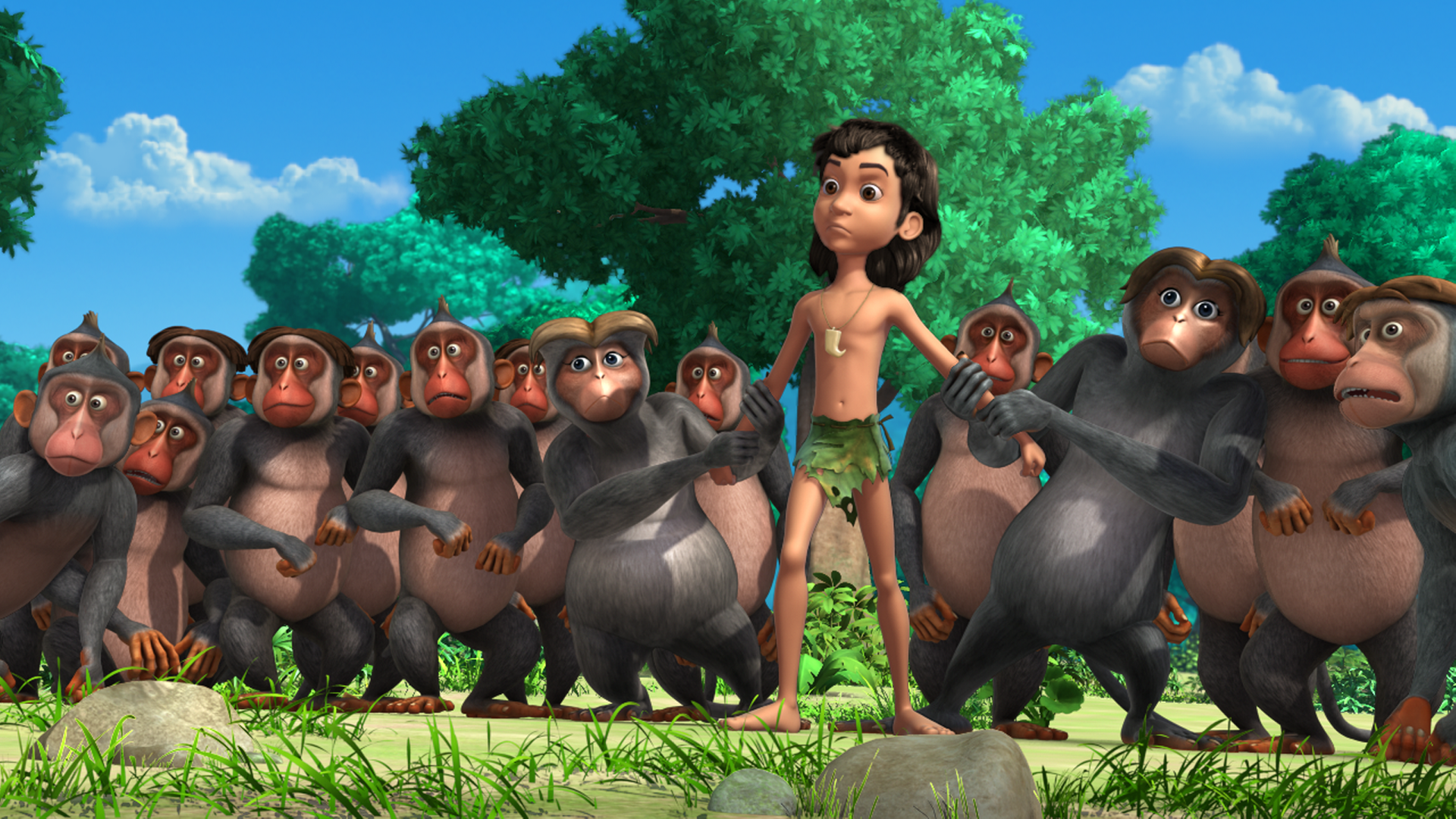 Mogli steht inmitten einer Horde von Affen. Zwei von ihnen halten ihn an den Armen fest.