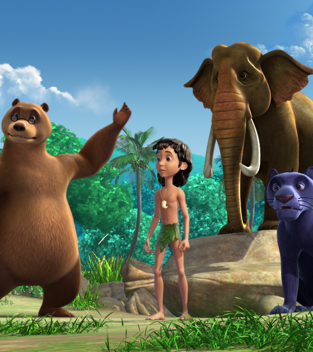 Hathi steht hinter Mogli, Baghira und Balu auf einem Fels. Balu winkt.