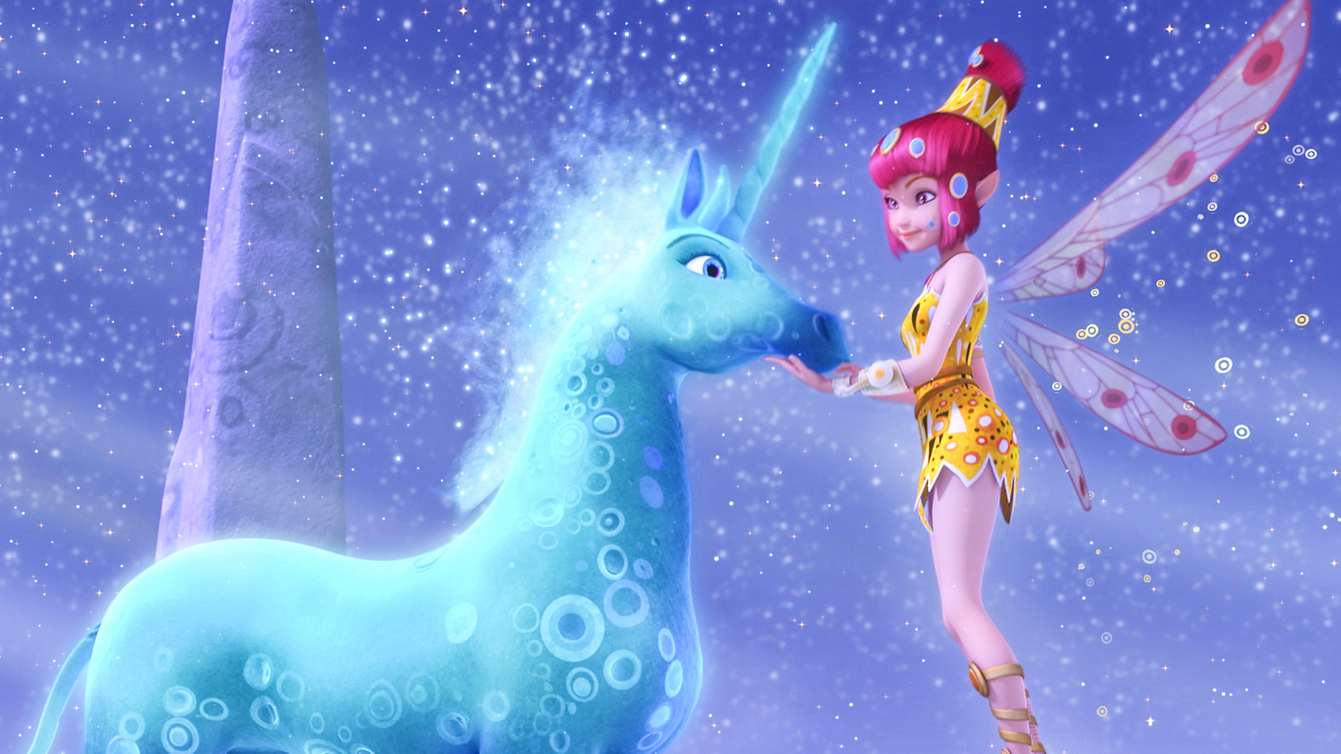 Yuko und das blaue Mond-Einhorn vor einem strahlenden Sternenhimmel.