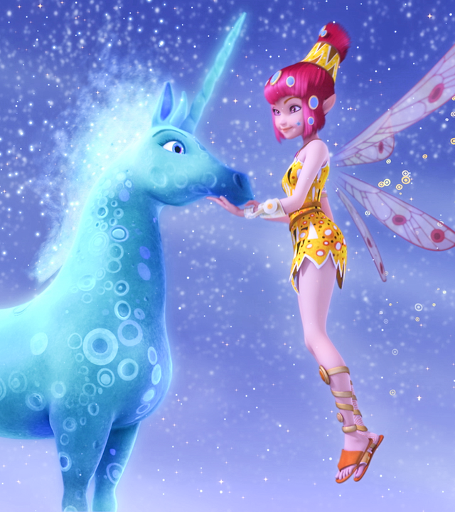 Yuko und das blaue Mond-Einhorn vor einem strahlenden Sternenhimmel.