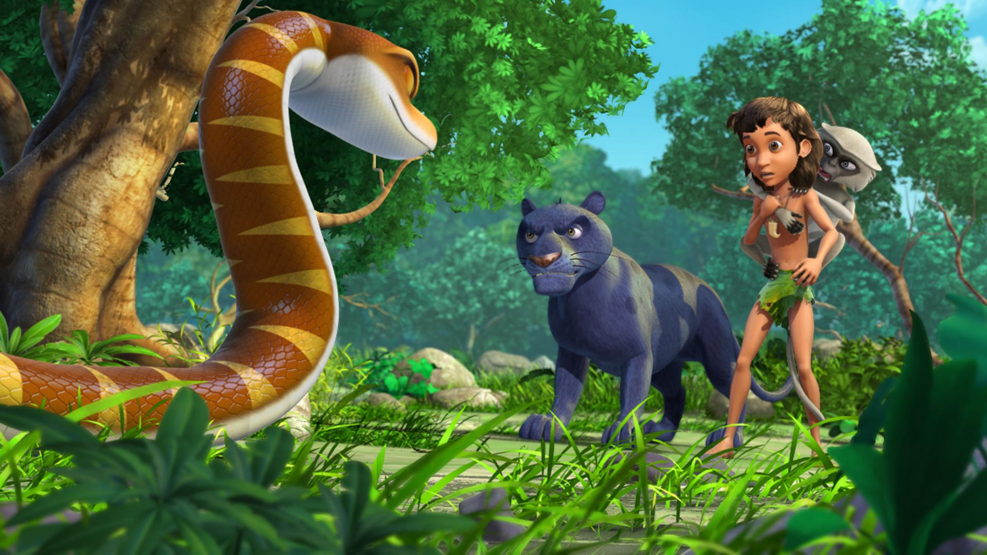 Kaa stellt sich Mogli, Langur und Baghira in den Weg.